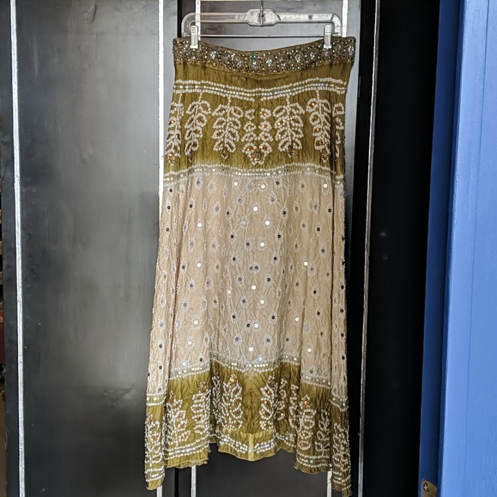 Sari Skirt Sequins Olive Greens & Cream NWOT